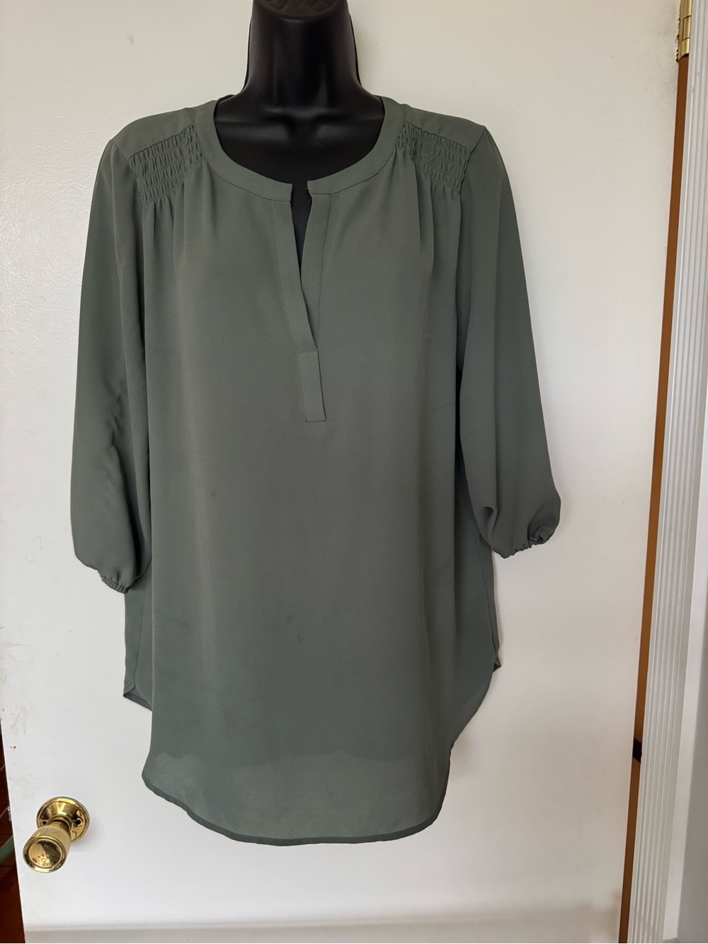 Pleione Olive Green Split-Neck Blouse